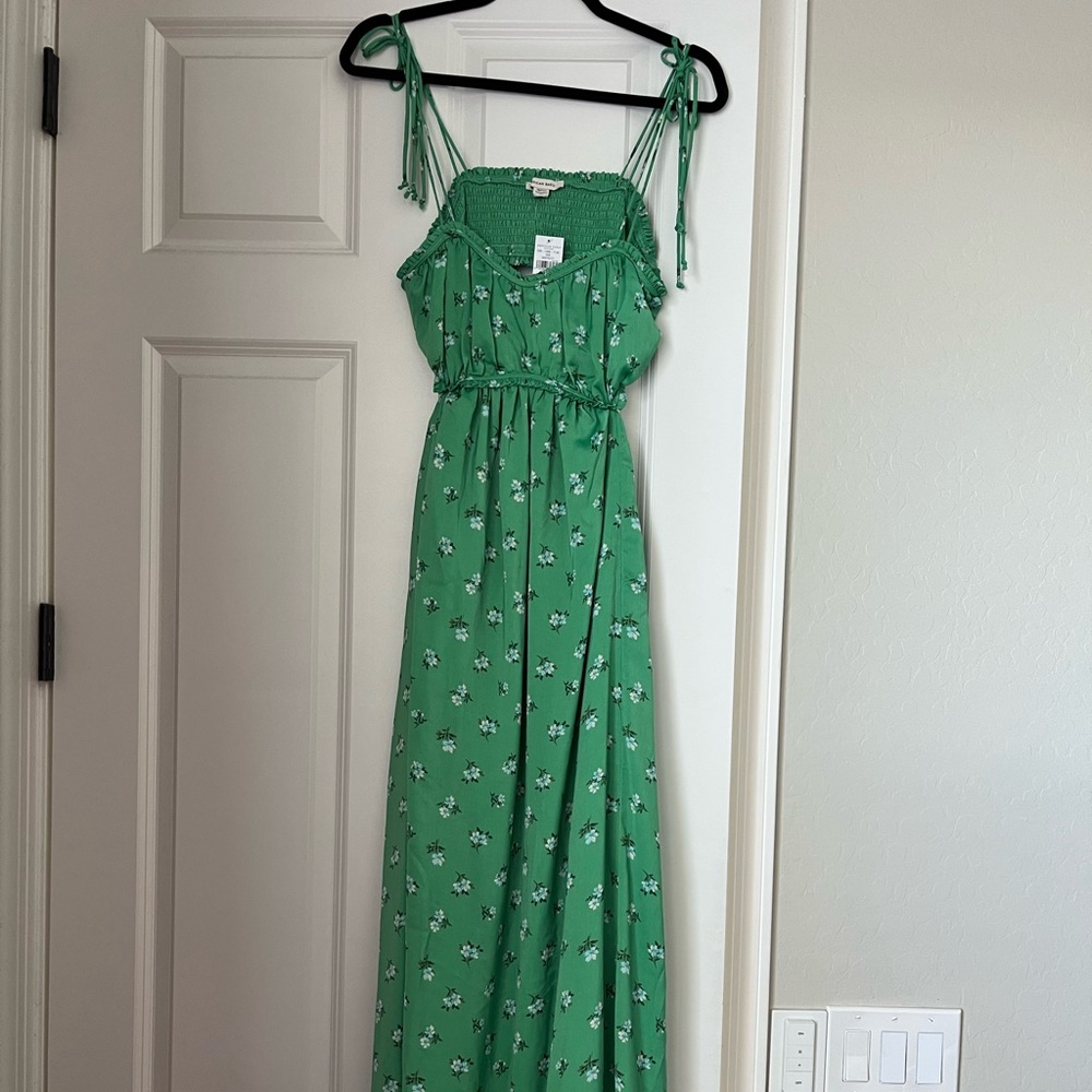 American Eagle Silky Ruched Midi Dress Green/Floral -MEDIUM- NEW with tags
